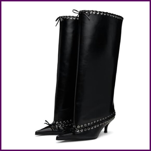 Metal Eyelet Pointed Toe Knee High Boots Wide Calf Kitten Heel Lace Up - Picture 2 of 8